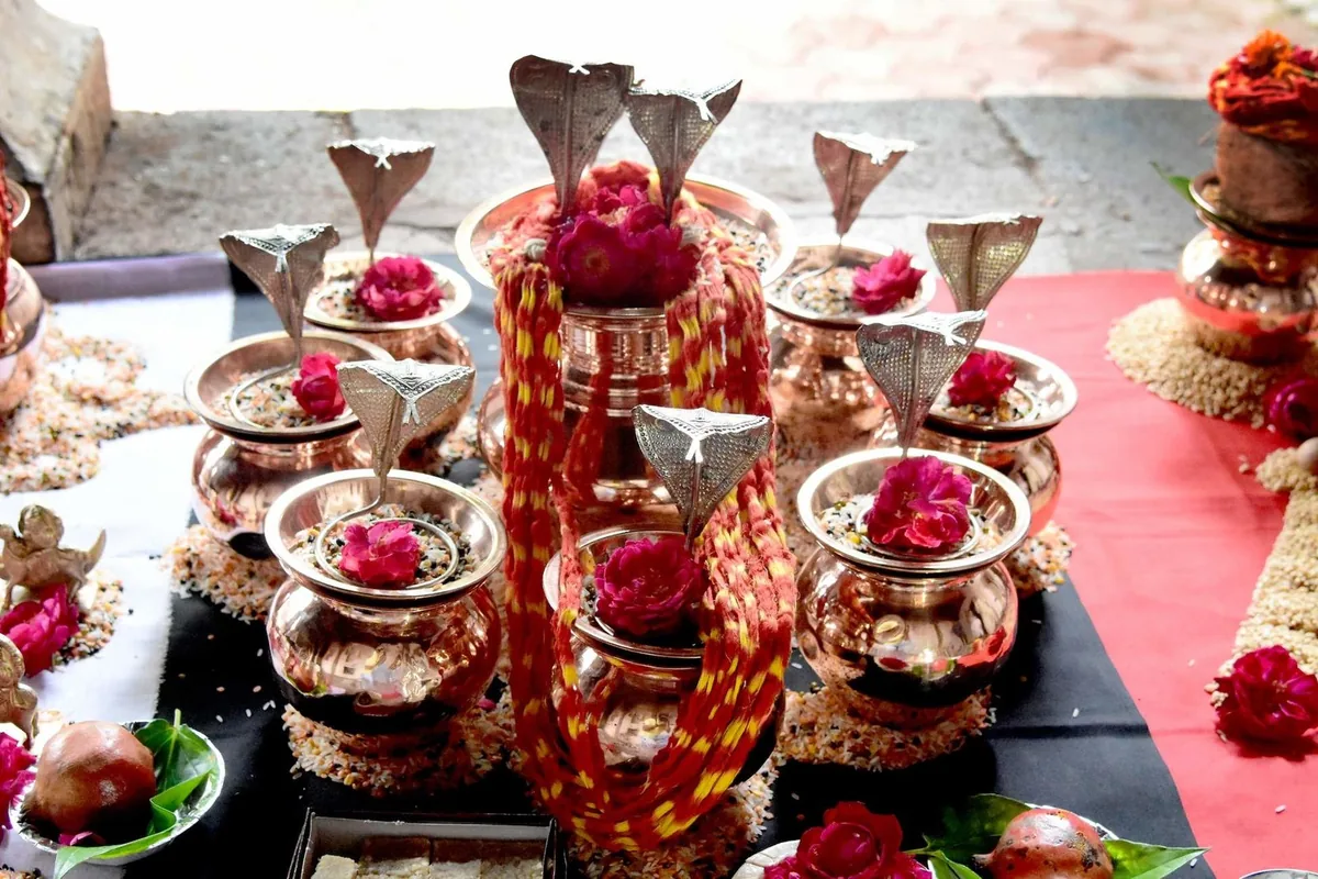 Kalash and samagri arranged for a puja at the temple